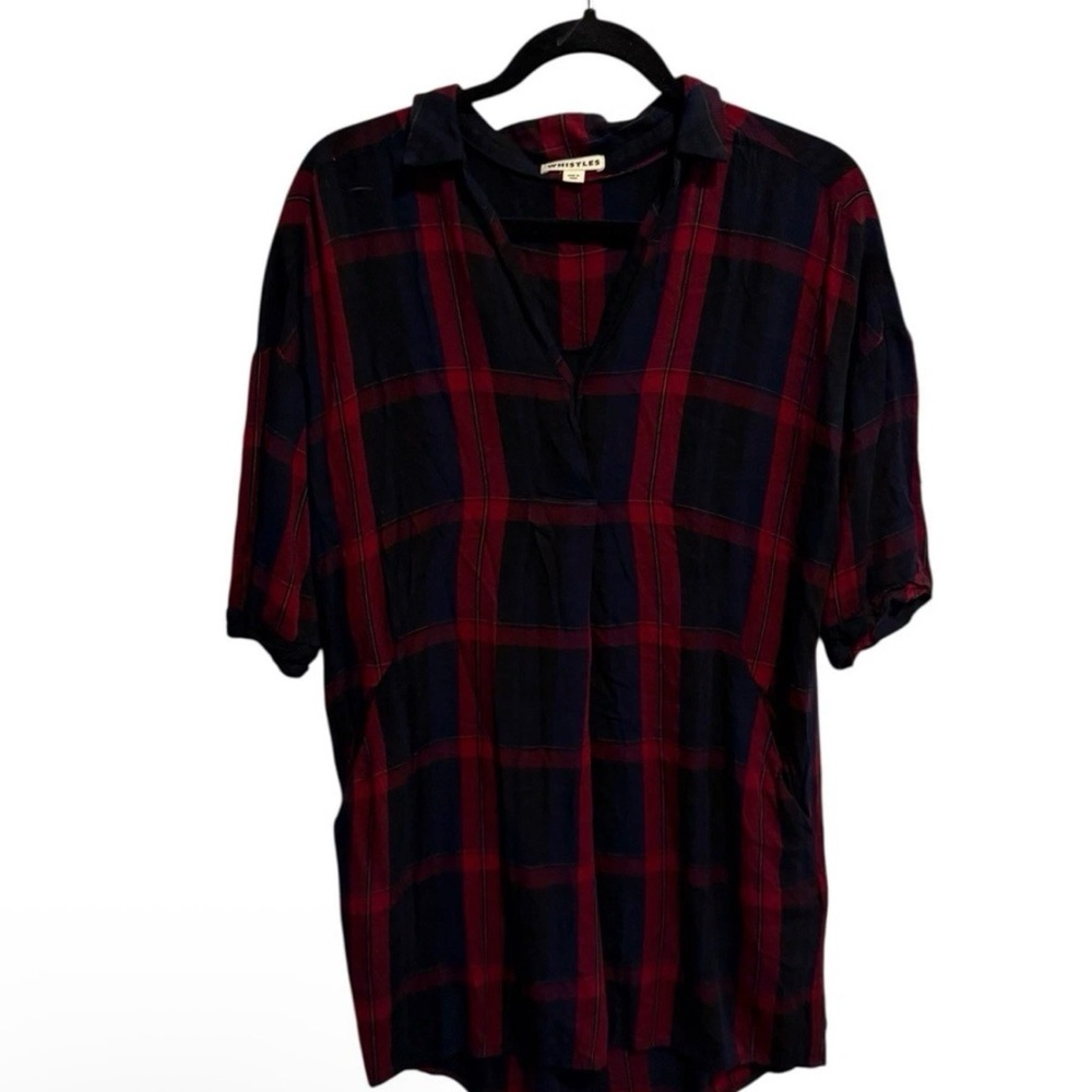 Whistles Plaid Belted Shirt Dress Blue Red Long Sleeve Sz S